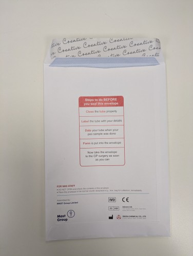 On the back of the envelope are steps to complete before you return your sample.  1.Close the tube properly  2. Label the tube with your details  3. Date your tube with the date your poo sample was done  4. Form in the envelope with your sample and seal  