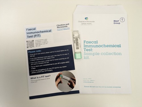 The FIT KIT envelope, instruction leaflet and Testing tube with label attached correctly with the bar code visible along the flat side of the tube